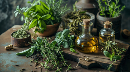 Aromatic herbs and essential oils on vintage table. Fresh and dried herbs with essential oil bottles on a rustic wooden table, moody lighting