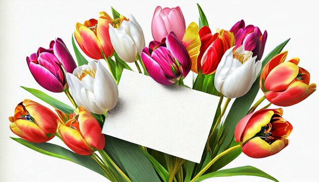Bouquet of colored tulips with a blank card in front of a white background