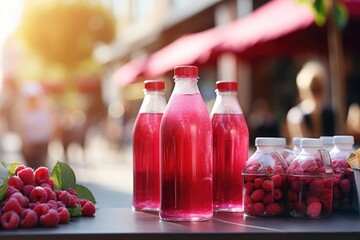 Bottles of fresh pink raspberries juice on shelf in a store. Commerce and health