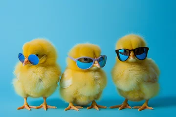 Foto auf Acrylglas three cute easter chicken wearing sunglasses, blue background © Jannik