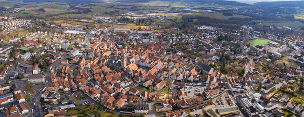 Aerial around the city Alsfeld in Germany on a sunny afternoon in autumn	
