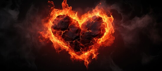 A heart-shaped symbol made of scorching fire, set against a black background. This unique representation of love carries intense heat and passion in its fiery form. - obrazy, fototapety, plakaty