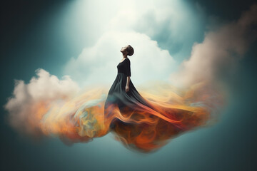 woman floating on smoke, serenity and spiritual elevation