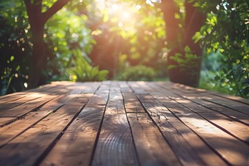 empty wooden table in the garden on sunny background generative ai