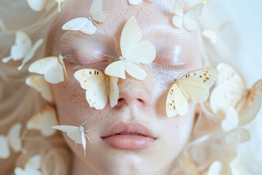 Capturing a tranquil moment, this image shows a woman with eyes closed, surrounded by fluttering butterflies