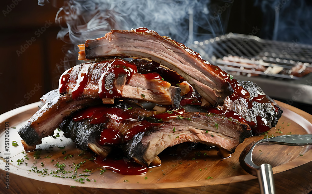 Wall mural Capture the essence of Barbecue Ribs in a mouthwatering food photography shot