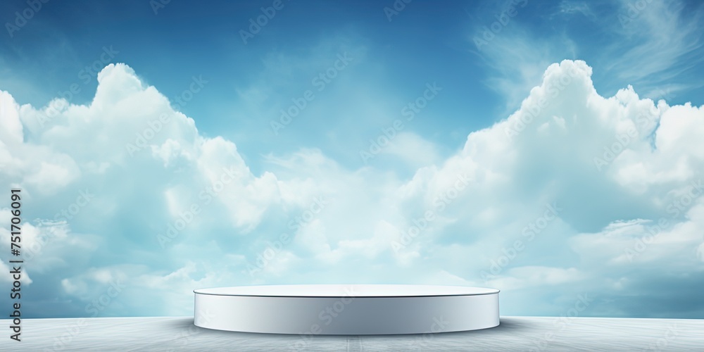 Poster podium on cloudy sky background with empty space for product placement