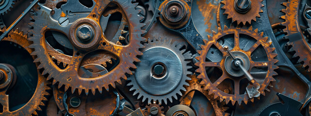Gears and mechanisms of rusty old clock. Interlocking gears in perfect harmony, orchestrating the passage of time with mesmerizing precision.. - 751706021