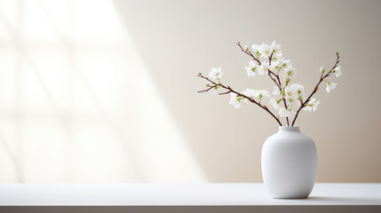 Spring blossom twigs in vase on table, soft shadows on wall