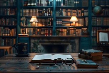 executive room with leather chairs wooden table and bookshelves generative ai