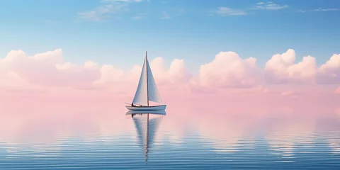 Fotobehang A single sailboat floating calmly on a crystal clear blue ocean under a sky with minimal clouds © Svitlana