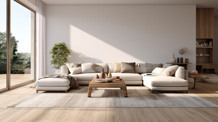 A stylish living room with a minimalist decor featuring a wooden floor, a white couch, and a grey rug 