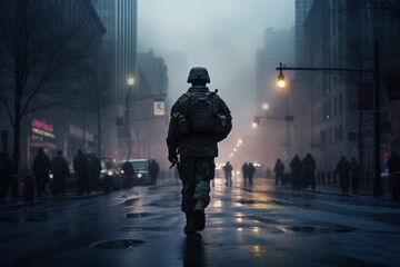 a person in military uniform walking down a street - obrazy, fototapety, plakaty