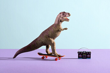 Dinosaur skateboarding and listen tape recorder.