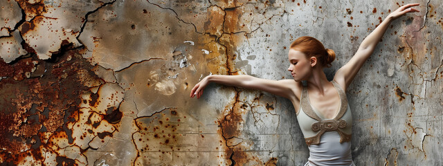 A ballet dancer's elegance contrasts with the gritty textures of the industrial wall, a symbol of beauty emerging from decay.