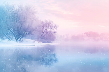 Design a mottled background that captures the serene beauty of a winter morning, with soft pastel colors reflecting off the snow-covered landscape