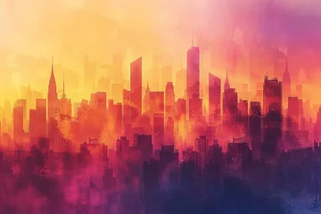 Wandcirkels aluminium Design a mottled background that captures the vibrant and dynamic energy of a city skyline at sunset, with oranges, pinks, and purples blending into the silhouettes of buildings © Counter