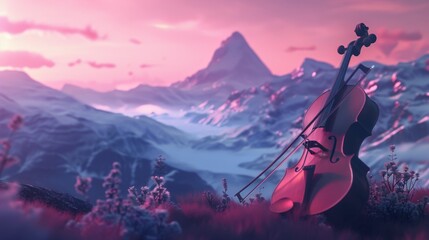 Violin Silhouette Against Majestic Mountainous Sunset