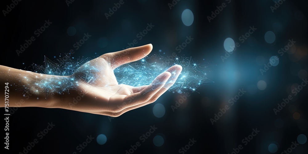 Aufkleber human hand making contact with vortex of data and light particles in innovation and technology banne