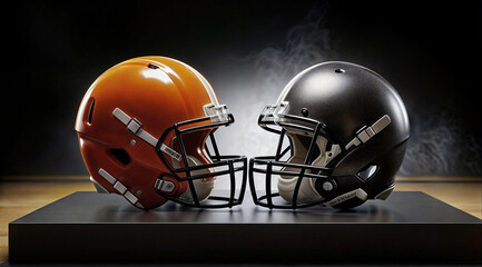 Fototapeta premium Two American football helmets, one orange and one black, are facing each other on a black background with smoke