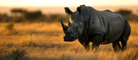 Deurstickers Majestic rhino grazing in a vast field of lush green grass under the sun © TheWaterMeloonProjec