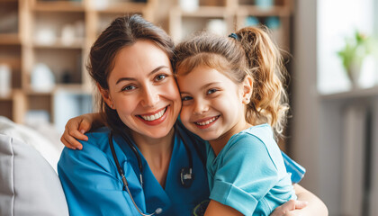 Happy child hugs doctor. Happy, smiling woman pediatrician in uniform and little girl patient sitting on couch at home and hugging.