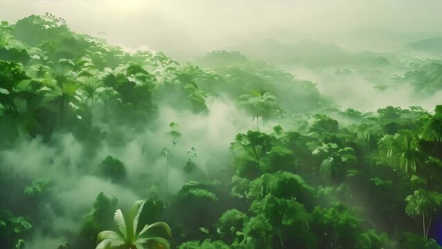 Rainforest landscape with trees and fog