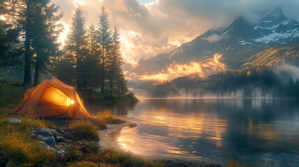 Lakeside campsite at dusk with glowing tent and crackling fire under sunrise sky