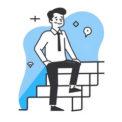 Handsome Male Office Worker Walking Upstairs - Simple Line Illustration