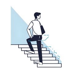Handsome Male Office Worker Walking Upstairs - Simple Line Illustration