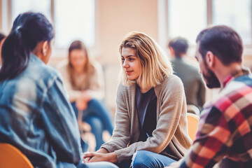 People support each other in a rehab session. People communicating with each other sitting in circle in group therapy session.