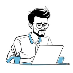 Handsome Businessman with Screen and Documents - Simple Line Illustration