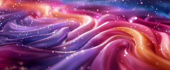 Cosmic waves of satin textures ripple across the frame, speckled with star-like sprinkles, evoking an ethereal journey through a candy galaxy.