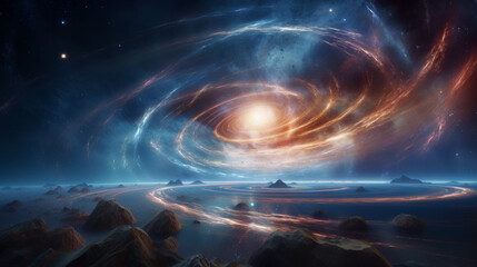 An imaginative portrayal of a spiral galaxy as observed from a rocky, water-covered alien planet, expressing the wonder of the cosmos
