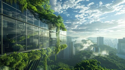 Fototapeta na wymiar Verdant skyscrapers merge with forest landscape - A breathtaking scene where modern glass skyscrapers are intertwined with lush greenery, symbolizing a harmonious balance between urban development and