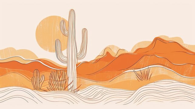 Minimalist desert landscape line art with cactus and undulating dunes at sunrise, concept of calm mornings and nature's simplicity