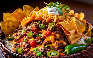 Capture the essence of Frito Pie in a mouthwatering food photography shot - obrazy, fototapety, plakaty