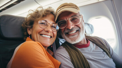 Joyful middle aged couple travelling by plane, holiday vacation concept