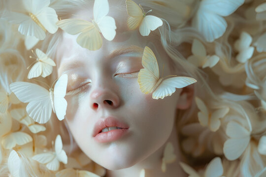 This artistic composition features a woman's face with closed eyes, seemingly asleep, with white butterflies around her