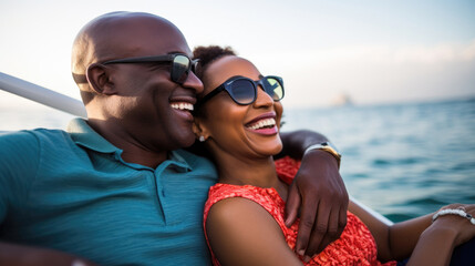 Fototapeta premium Smiling middle aged black couple enjoying leisure sailboat ride in summer