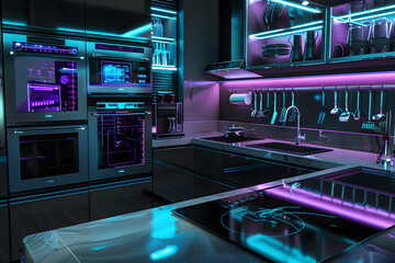modern dark kitchen with blue und purple led lights