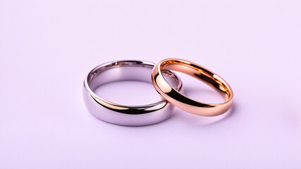 Close up view of two wedding rings isolated on white background with copy space.
