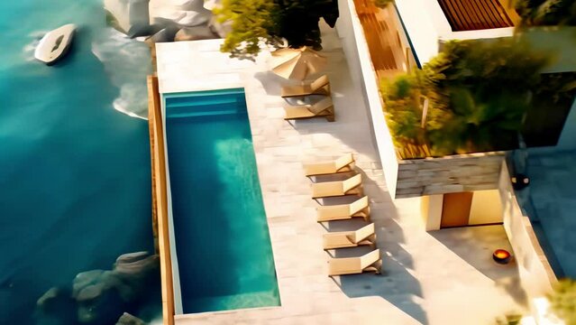 Aerial View of Seaside villa perched on cliffside offers luxury getaway with its infinity pool blending into ocean