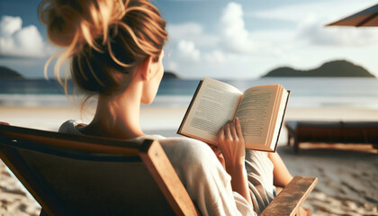 Young woman sitting in a patio chaise lounge and reading a book on the beach, Summer chilling concept