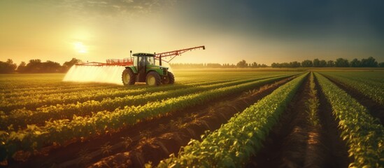 Tractor spraying insecticide on soybean field at sunset