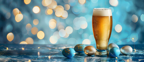 glass of beer next to easter eggs on a blue background, extra copy space