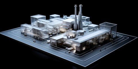 Building of facility design. Factory or manufacturing facility or plant, energy and resource delivery and collection see through model.