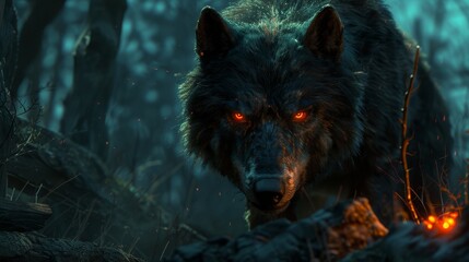 a close up of a wolf in a forest with a glowing light on it's face and an evil look on its face.