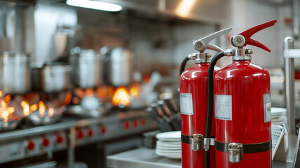 Fire extinguisher in kitchen , Fire awareness concept .
