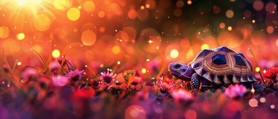 a close up of a turtle in a field of flowers with the sun shining down on it's back.